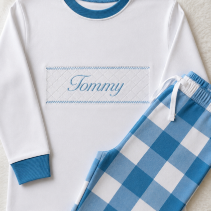 Blue Faux Smocked Checked Pyjamas